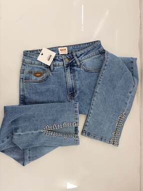 Nekane NKN Blue Denim Rhinestone Embellished Slit Ankle Straight Leg Jeans